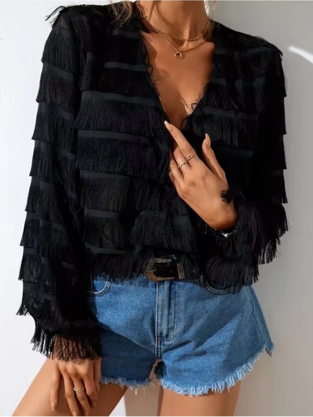 Black Fringe Sheer Button-Up Blouse - Elegant Women's Top sz Sm Holiday top - Picture 2 of 14